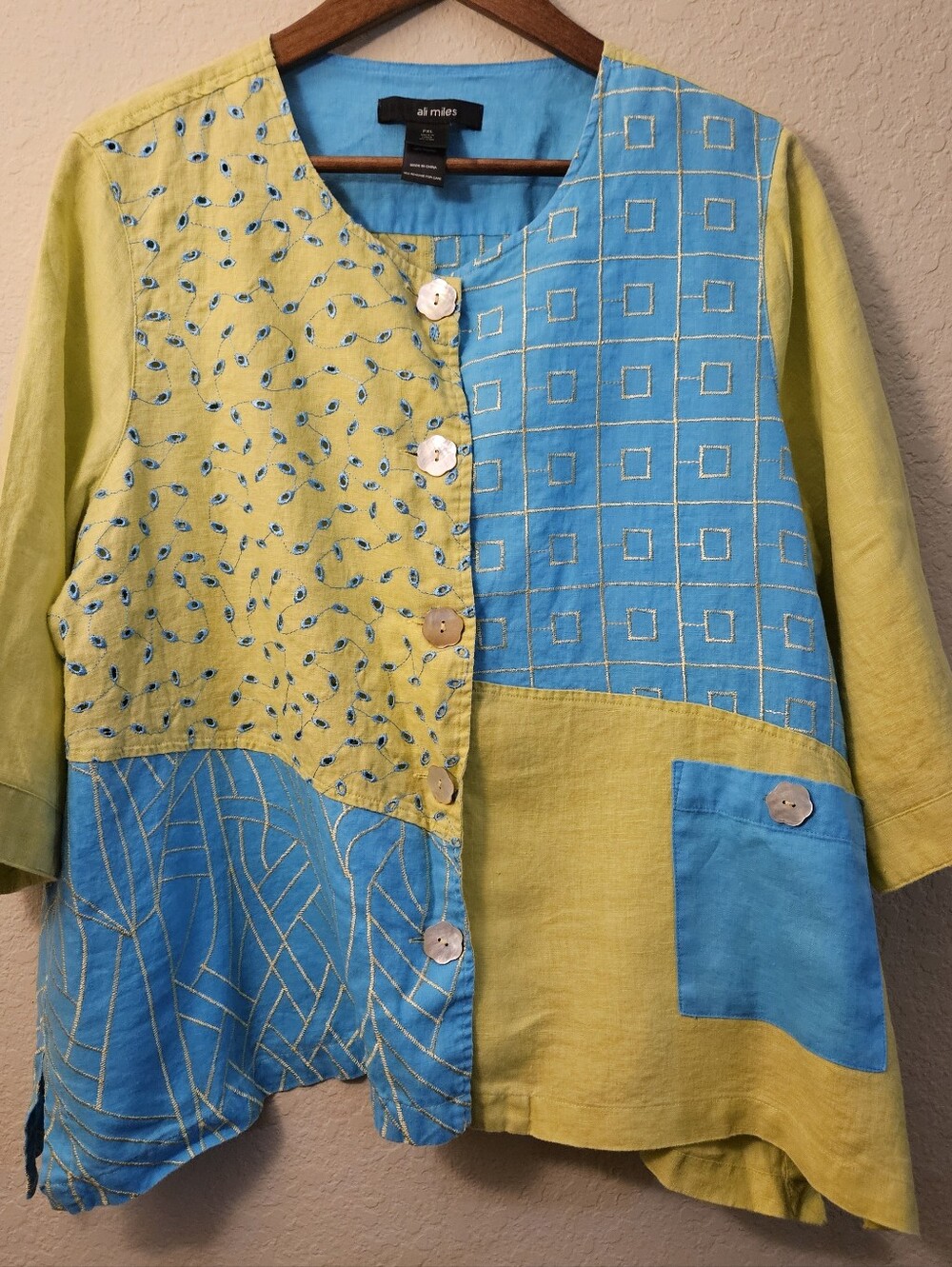 Ali Miles Linen Tunic Shacket Top Womens PXL Blue Yellow Patchwork Colorblock